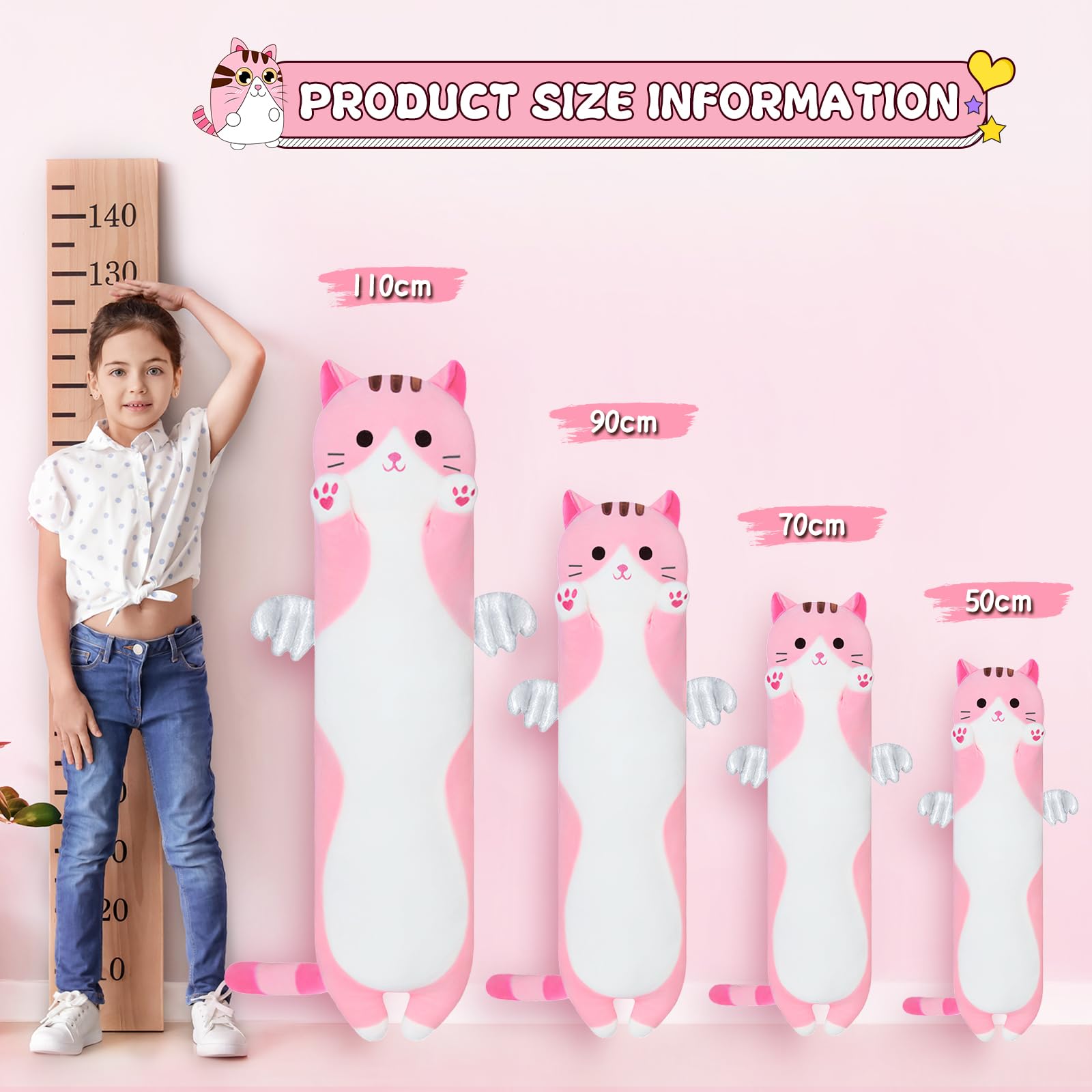 Sausudols 27.6-Inch Pink Long Cat Body Pillow - Soft Plush Stuffed Animal for Kids