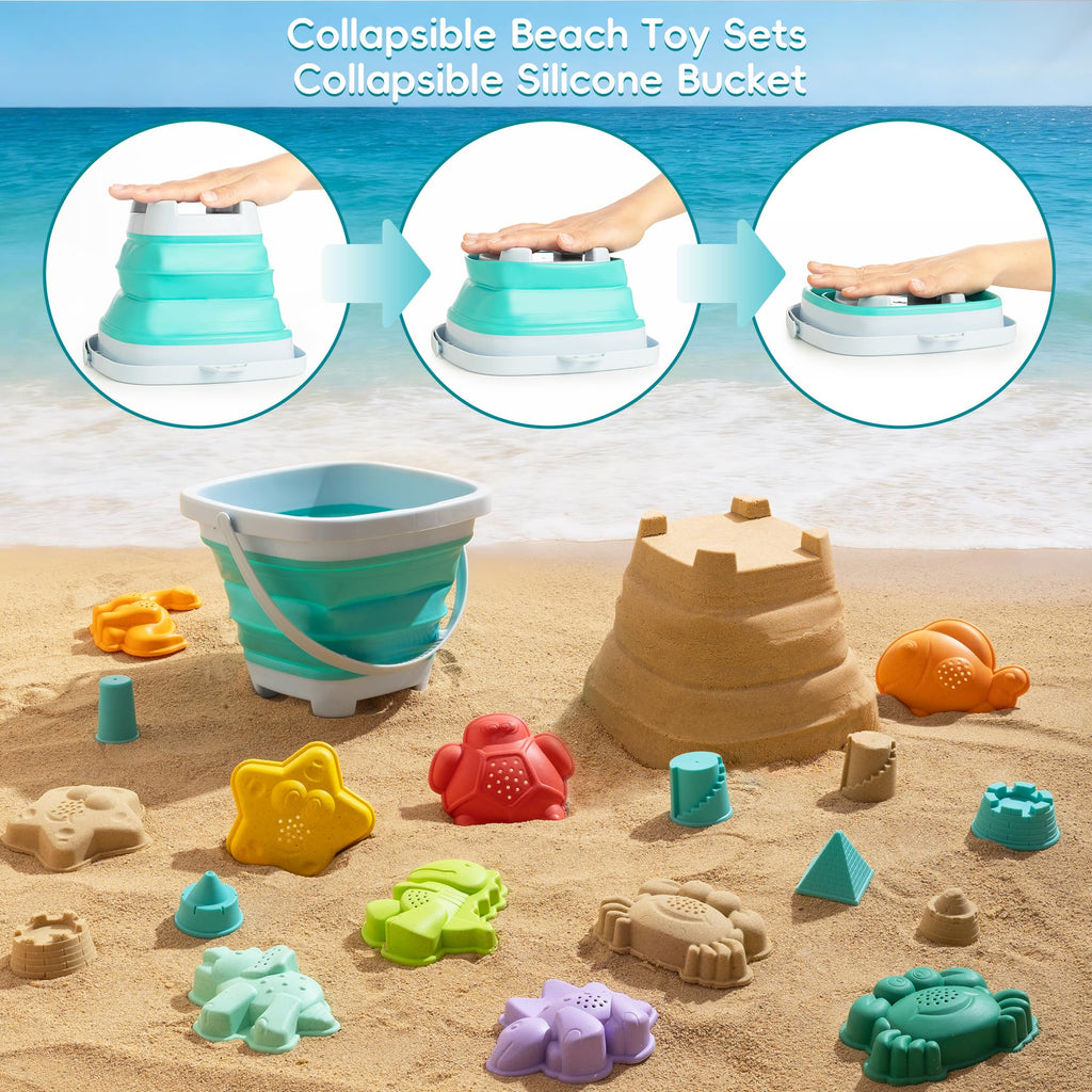 Sawaruita 41-Piece Beach Toy Set with Collapsible Bucket, Shovels, and Mesh Bag for Kids Ages 3-10