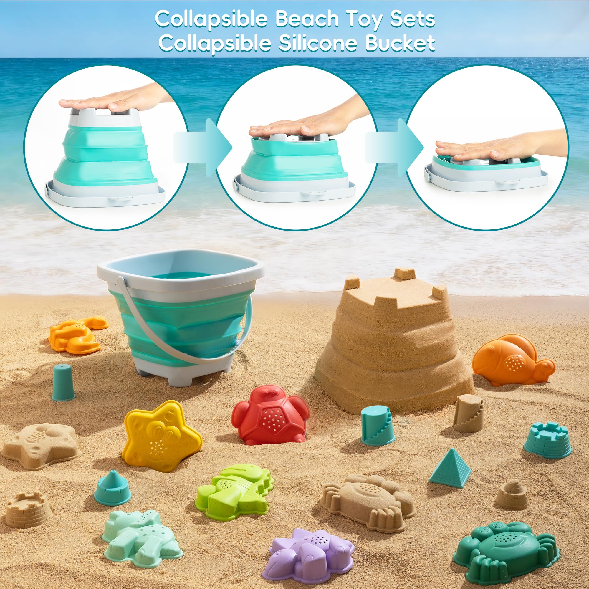 Sawaruita 41-Piece Beach Toy Set with Collapsible Bucket, Shovels, and Mesh Bag for Kids Ages 3-10