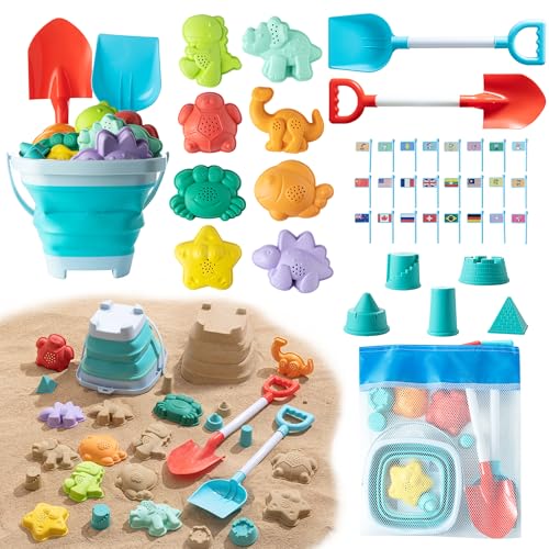 Sawaruita 41-Piece Beach Toy Set with Collapsible Bucket, Shovels, and Mesh Bag for Kids Ages 3-10