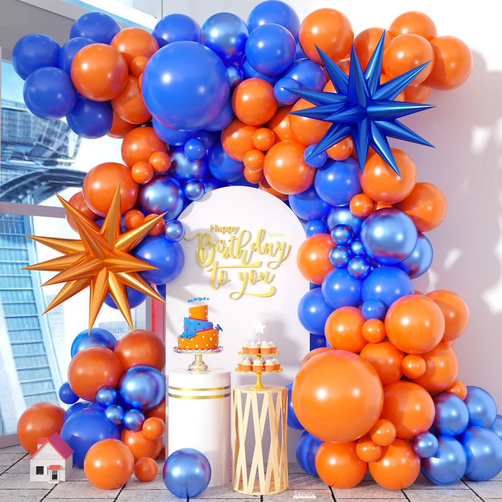 Saxuxu 102-Piece Orange and Blue Balloon Arch Garland Kit with Star Foil Balloons for Birthday, Graduation, Baby Shower Decorations