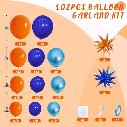 Saxuxu 102-Piece Orange and Blue Balloon Arch Garland Kit with Star Foil Balloons for Birthday, Graduation, Baby Shower Decorations