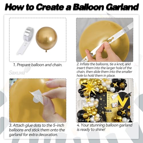 Saxuxu Black White Gold Balloon Arch Kit – 123 Pieces with Foil Stars and Confetti Balloons