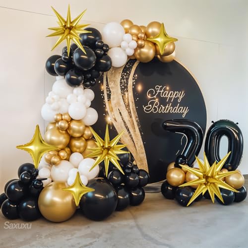 Saxuxu Black White Gold Balloon Arch Kit – 123 Pieces with Foil Stars and Confetti Balloons