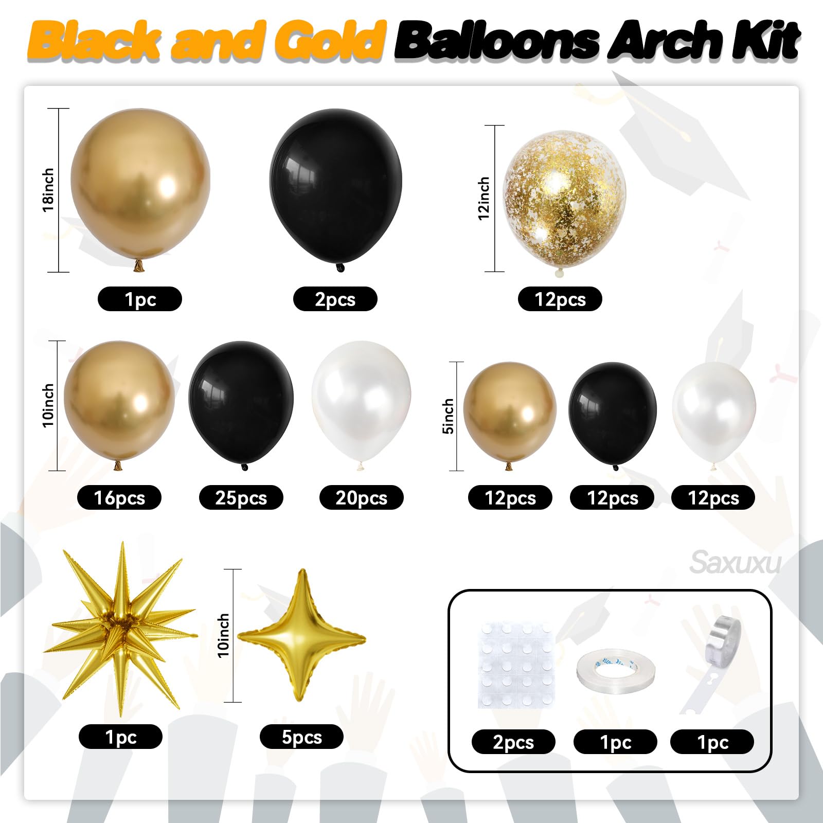 Saxuxu Black White Gold Balloon Arch Kit – 123 Pieces with Foil Stars and Confetti Balloons