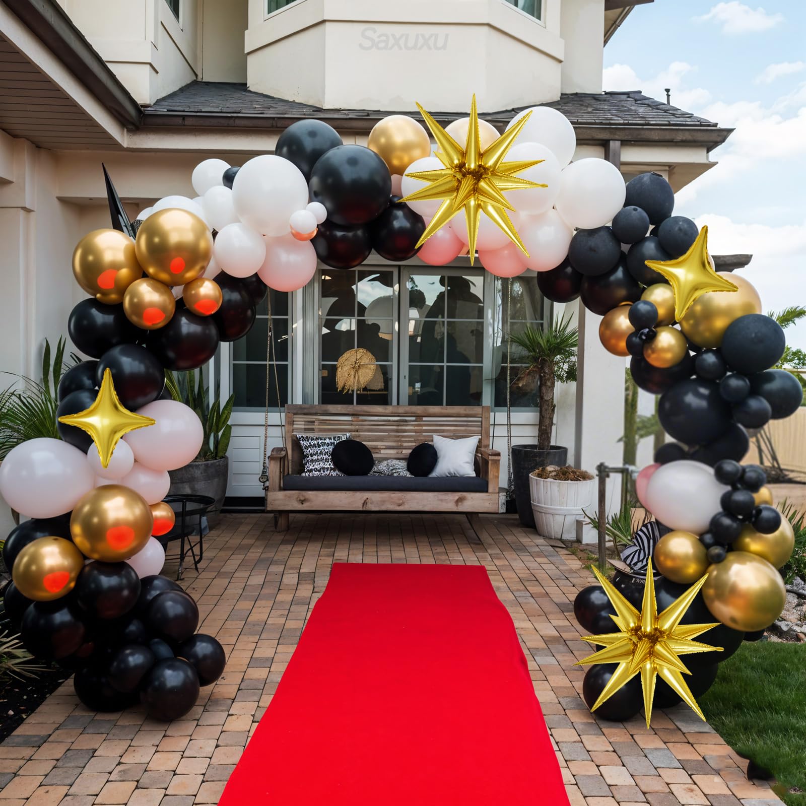 Saxuxu Black White Gold Balloon Arch Kit – 123 Pieces with Foil Stars and Confetti Balloons
