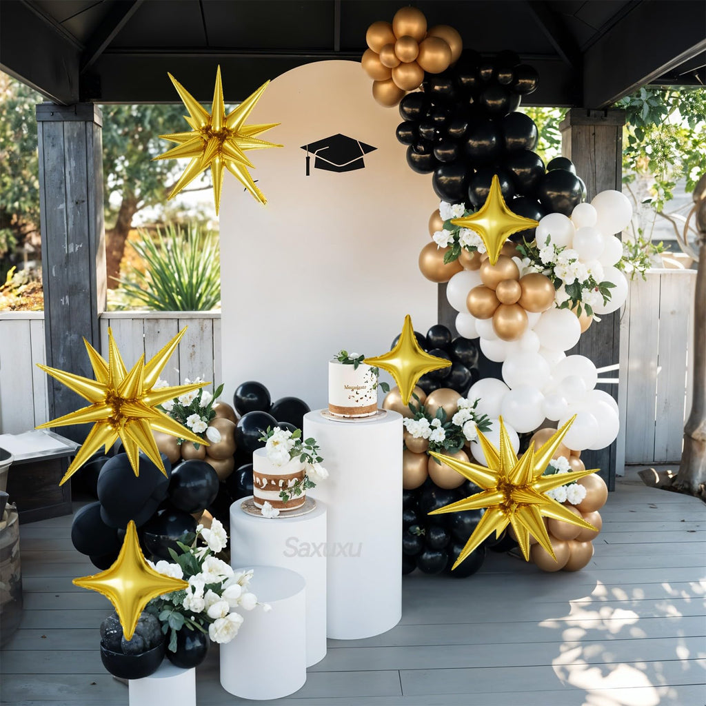 Saxuxu Black White Gold Balloon Arch Kit – 123 Pieces with Foil Stars and Confetti Balloons