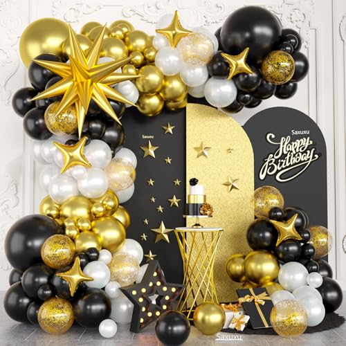 Saxuxu Black White Gold Balloon Arch Kit – 123 Pieces with Foil Stars and Confetti Balloons