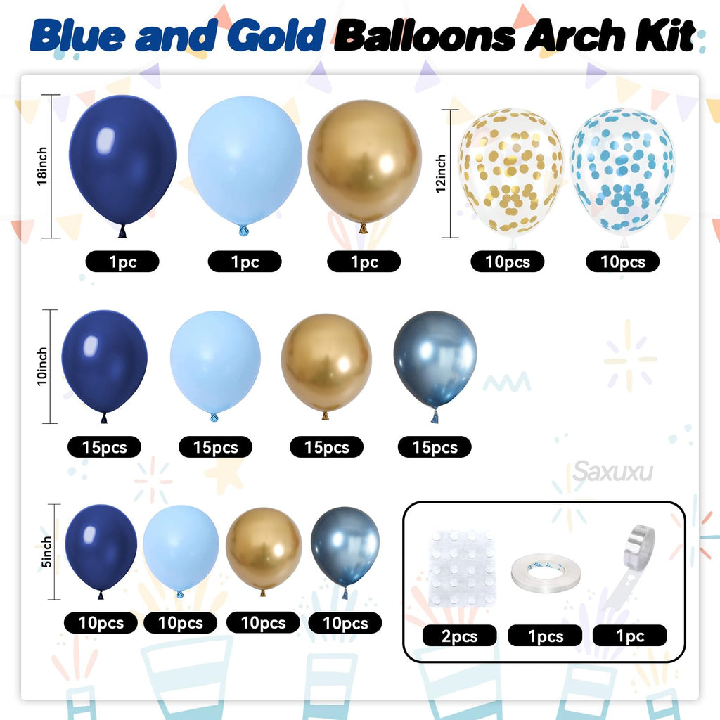 Saxuxu Blue and Gold Balloon Arch Kit – 128 Pieces for Birthday, Wedding & Party Decor