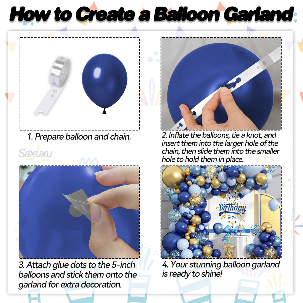 Saxuxu Blue and Gold Balloon Arch Kit – 128 Pieces for Birthday, Wedding & Party Decor
