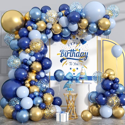 Saxuxu Blue and Gold Balloon Arch Kit – 128 Pieces for Birthday, Wedding & Party Decor