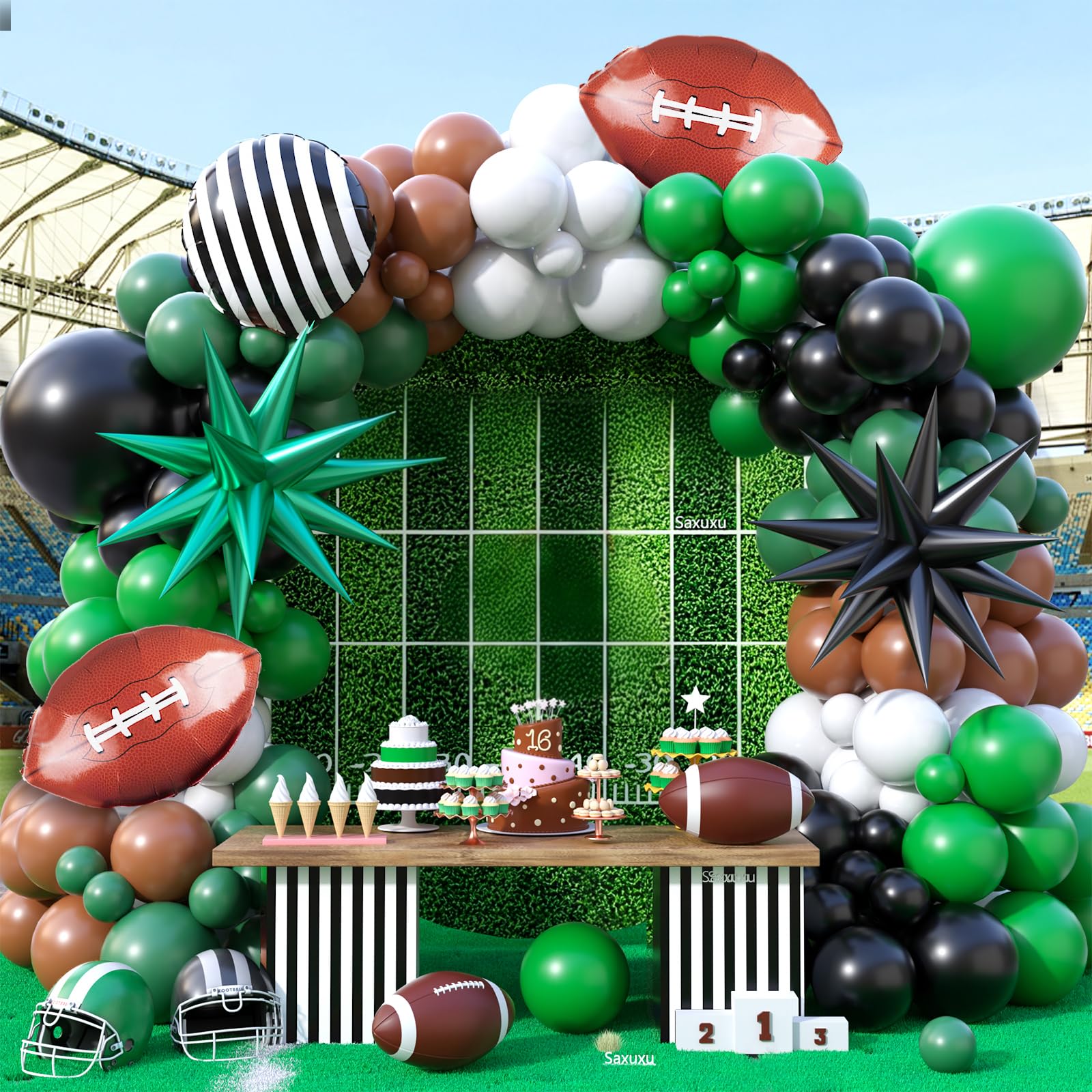 Saxuxu Football Balloon Arch Kit - 102 Balloons in Dark Green, Brown, White, Black for Sport Birthday Party Decor