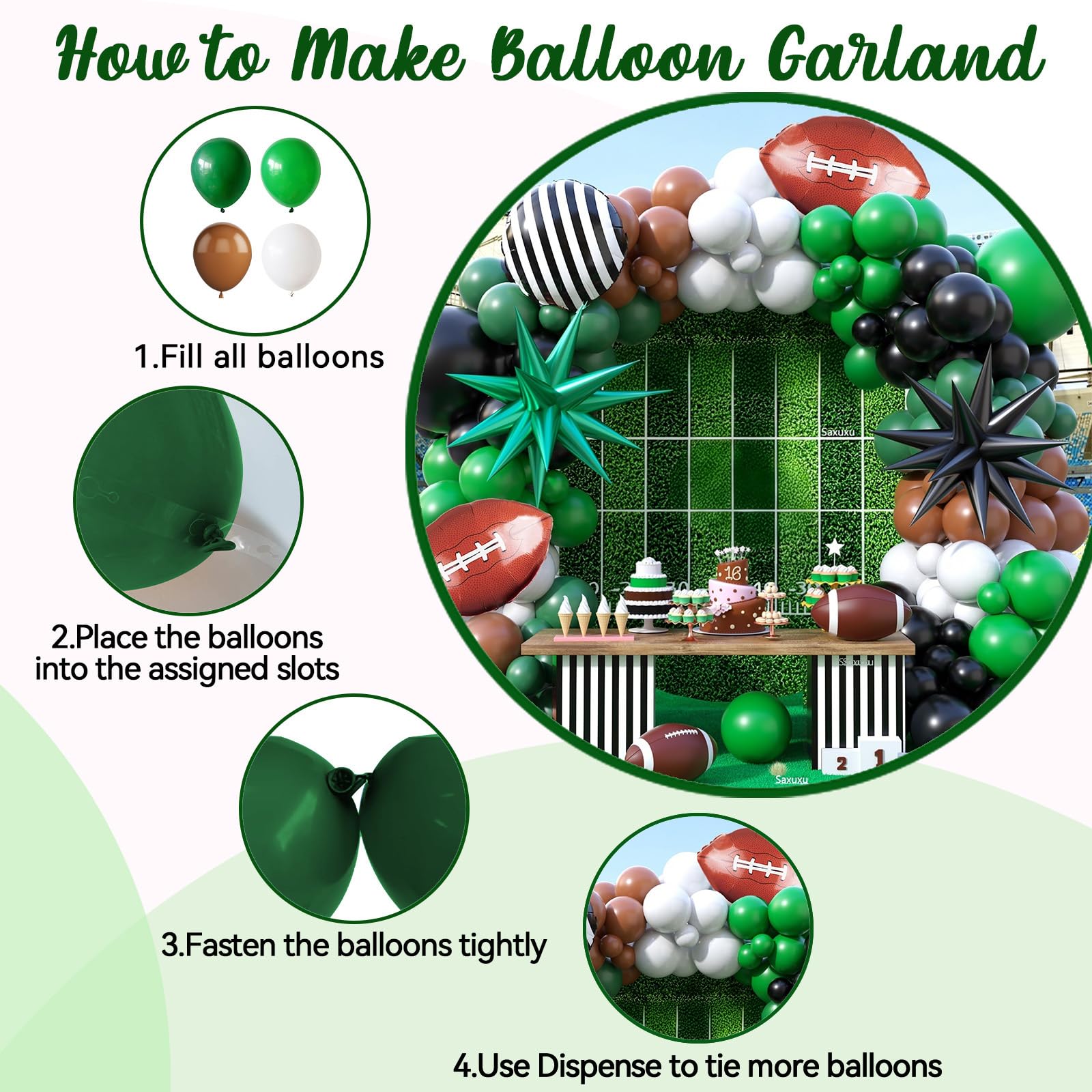 Saxuxu Football Balloon Arch Kit - 102 Balloons in Dark Green, Brown, White, Black for Sport Birthday Party Decor