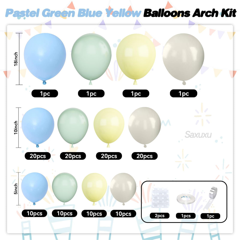 Saxuxu Pastel Green Blue Yellow Balloon Arch Kit – 129-Piece Macaron Texture Bee Theme Party Decorations