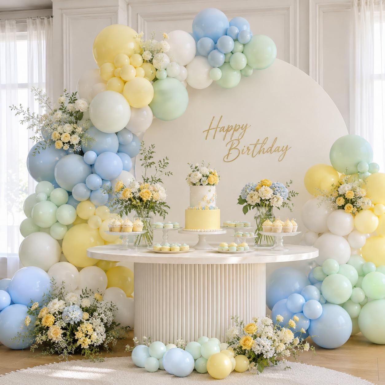 Saxuxu Pastel Green Blue Yellow Balloon Arch Kit – 129-Piece Macaron Texture Bee Theme Party Decorations