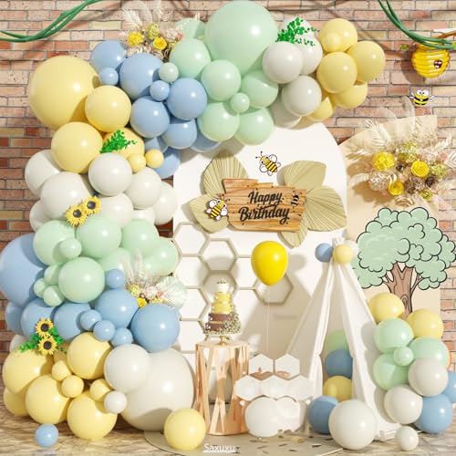 Saxuxu Pastel Green Blue Yellow Balloon Arch Kit – 129-Piece Macaron Texture Bee Theme Party Decorations