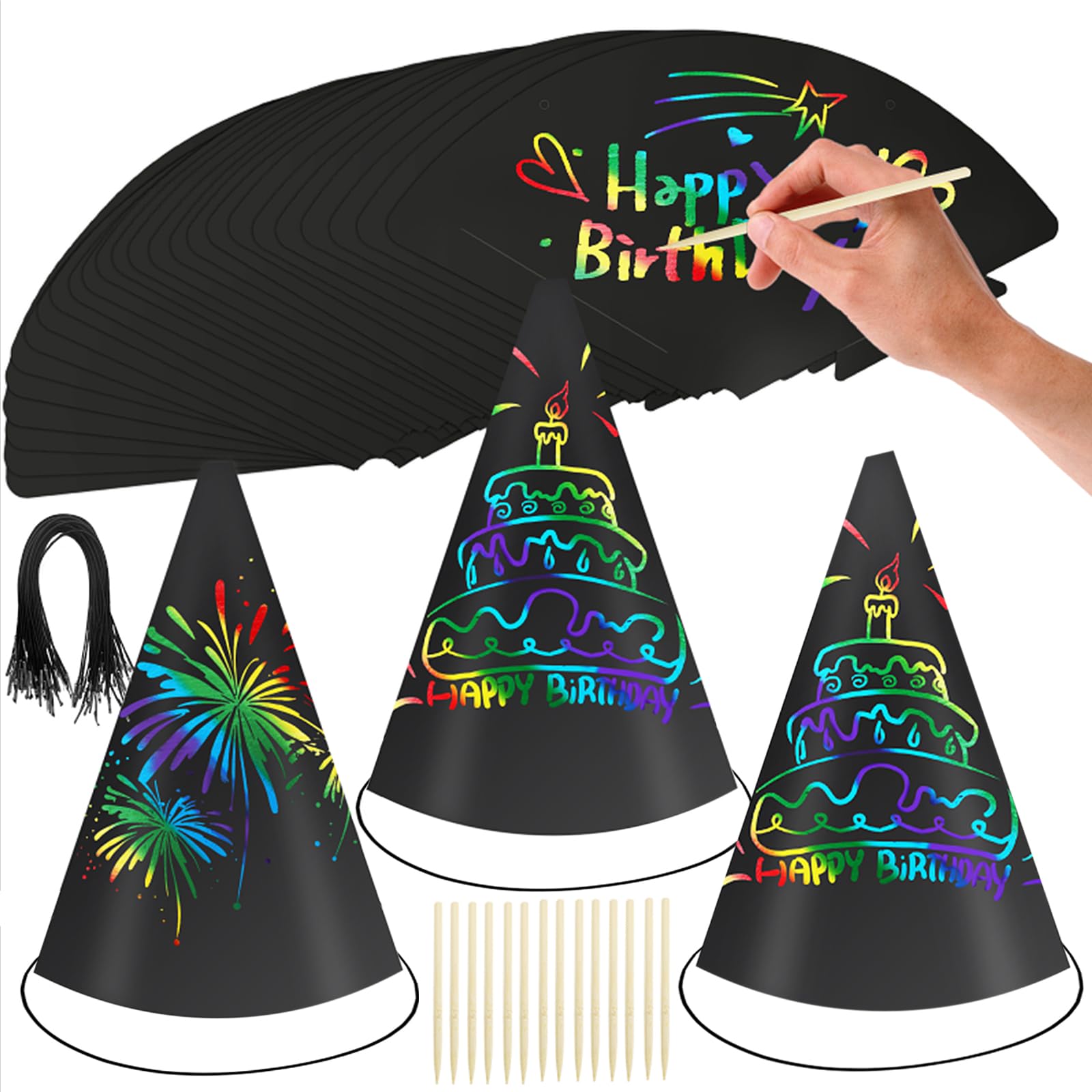 SAYAYA 72-Piece Rainbow Scratch Party Hats Bulk - DIY Birthday Cone Hats for Kids and Adults