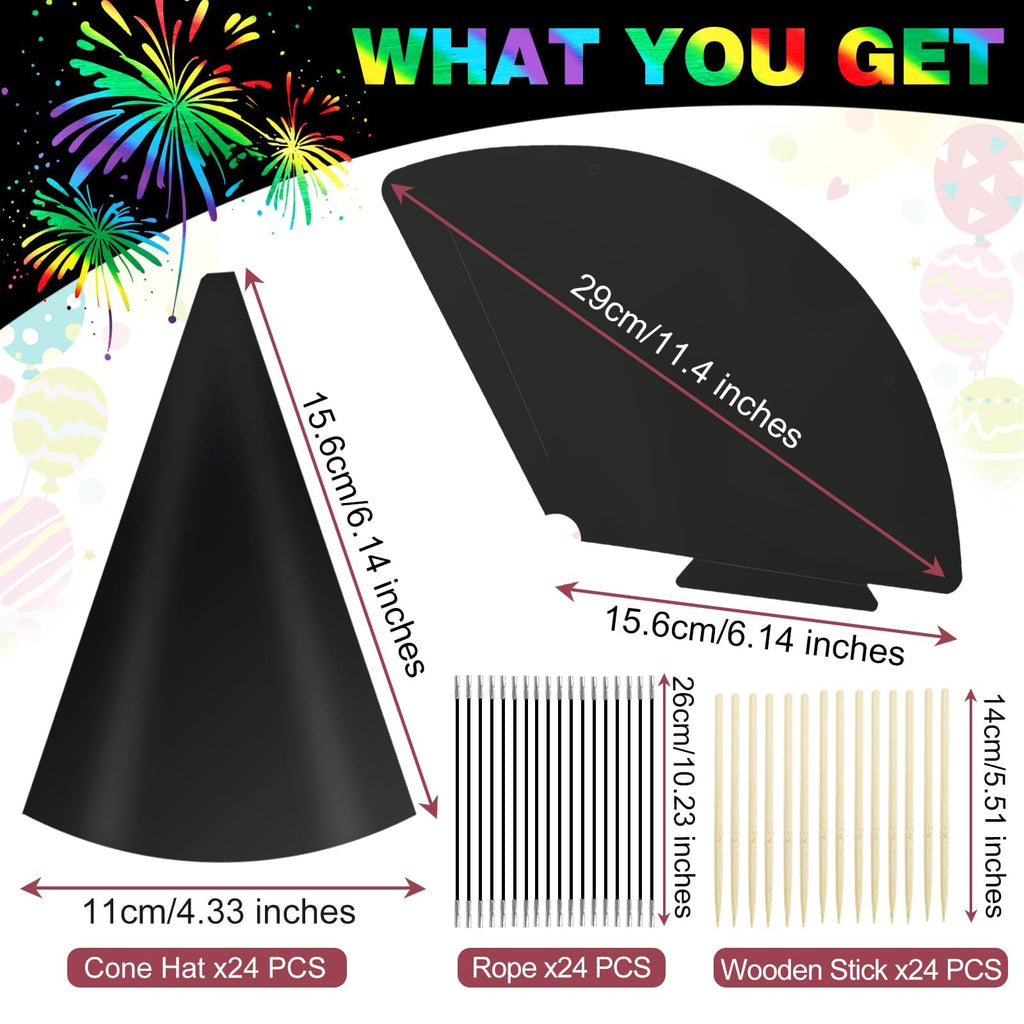 SAYAYA 72-Piece Rainbow Scratch Party Hats Bulk - DIY Birthday Cone Hats for Kids and Adults