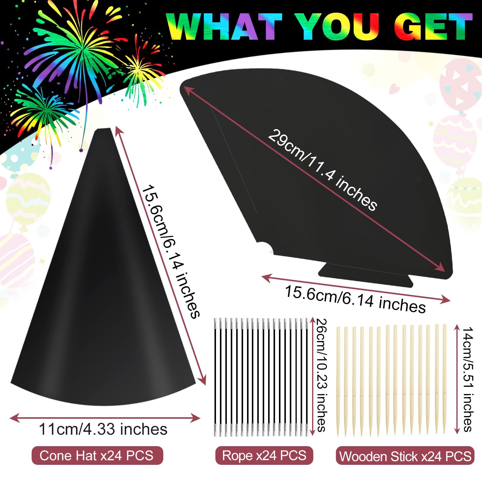 SAYAYA 72-Piece Rainbow Scratch Party Hats Bulk - DIY Birthday Cone Hats for Kids and Adults
