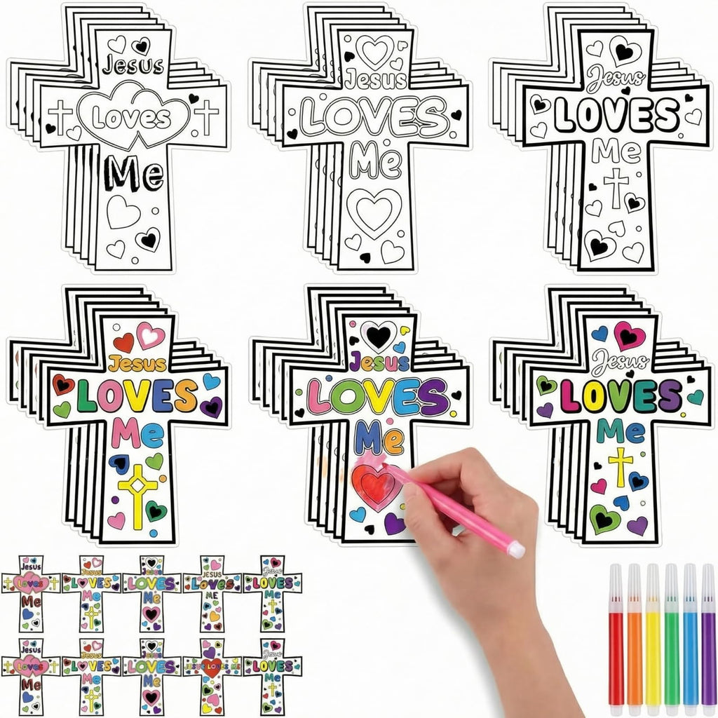 Saysurey Christian Cross Magnet Craft Kit for Kids - 30 DIY Color Your Own Jesus Loves Me Ornaments for Sunday School & VBS