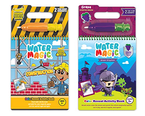 Scentco Water Magic Activity Books – Reusable Water Reveal with Scented Pens (Grape Kingdom & Construction)