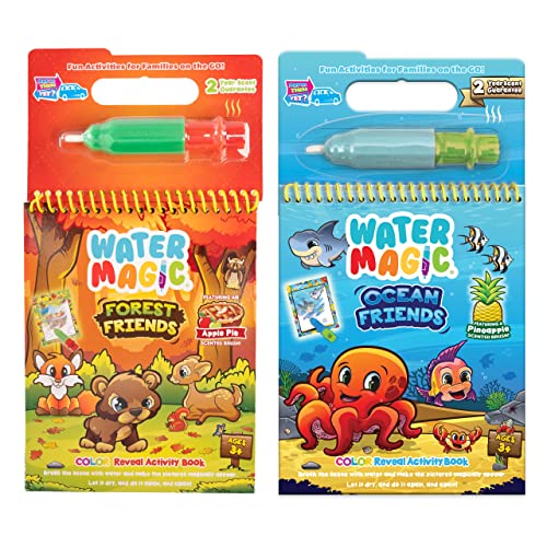 Scentco Water Magic Reusable Activity Books – Scented Water Brushes, No-Mess Coloring for Kids (Forest Friends & Ocean Friends)