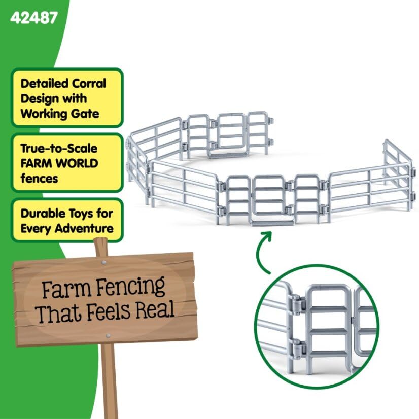 Schleich Farm World Corral Fence with Gate – 6-Piece Farm Animal Playset Accessory