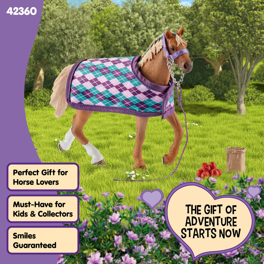 Schleich Horse Club English Thoroughbred 5-Piece Set – Realistic Horse Figurine with Blanket, Apples, Bucket & Halter Lead for Ages 5+