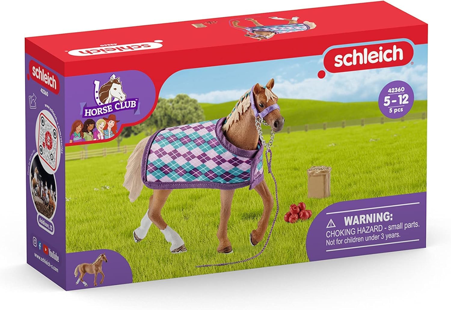 Schleich Horse Club English Thoroughbred 5-Piece Set – Realistic Horse Figurine with Blanket, Apples, Bucket & Halter Lead for Ages 5+