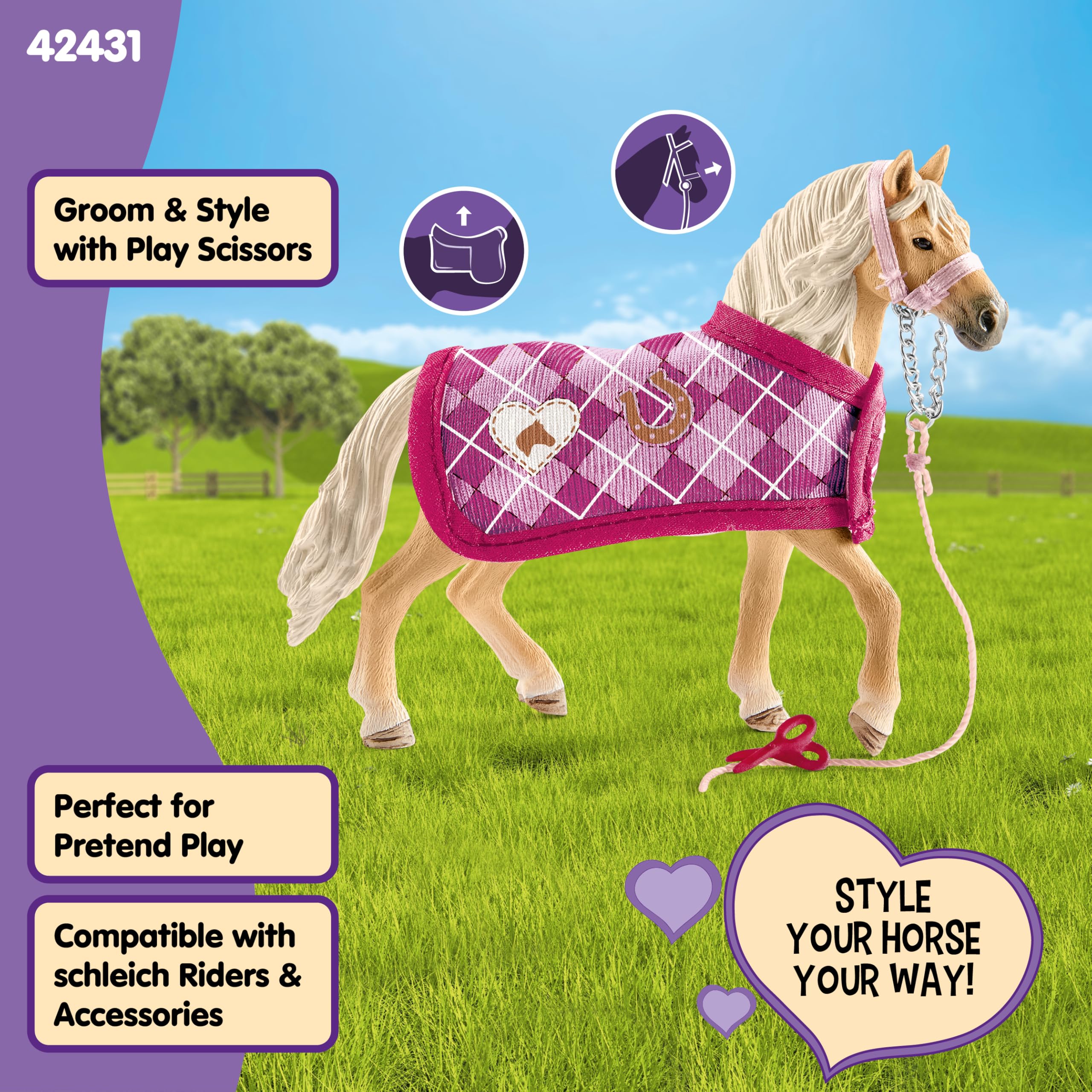 Schleich Horse Club Sofia's Fashion Creation for Andalusians - 4-Piece Horse Toy Set with Figurine, Blanket, Bridle & Scissors for Kids Ages 5+