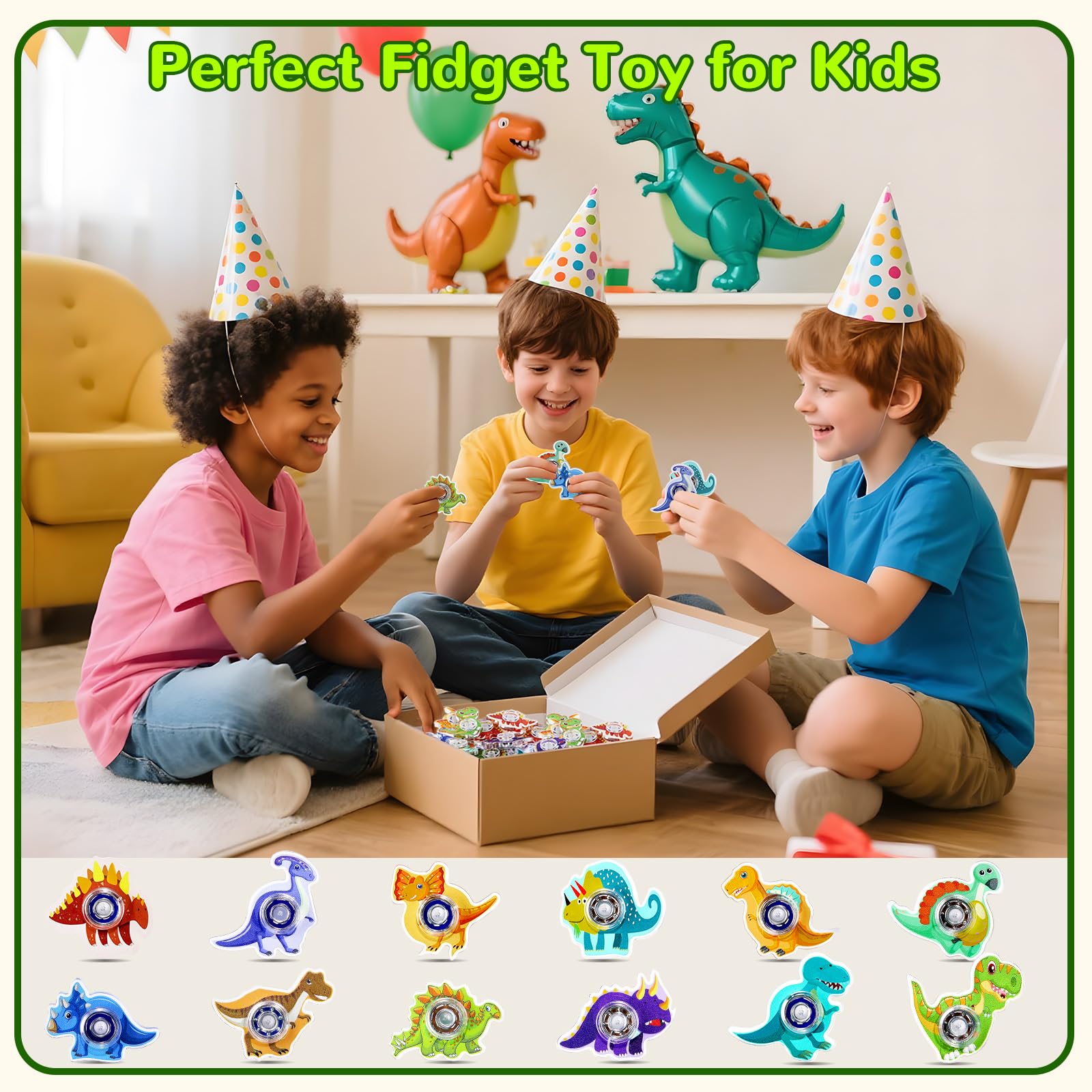 SCIONE 24 Dinosaur Fidget Spinners – Mini Party Favors for Kids, Classroom Prizes, and Goodie Bag Stuffers