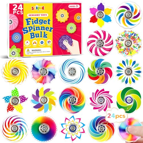 SCIONE 24-Pack Mini Fidget Spinner Toys - Rainbow Party Favors for Kids, Goodie Bag Stuffers, Classroom Prizes