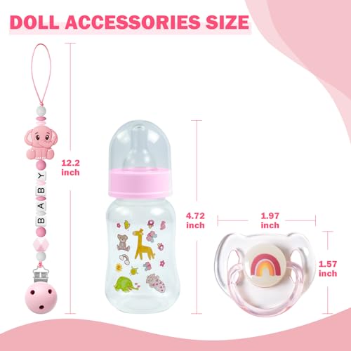 SCOM 3-Piece Reborn Baby Doll Accessories Set - Pink Magnetic Pacifier, Bottle & Silicone Clip for 14-22 Inch Dolls