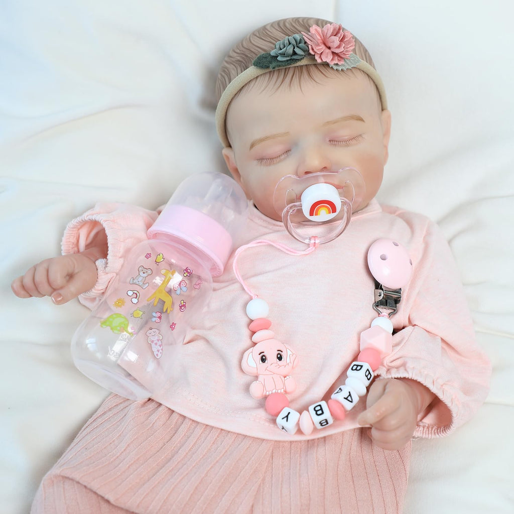 SCOM 3-Piece Reborn Baby Doll Accessories Set - Pink Magnetic Pacifier, Bottle & Silicone Clip for 14-22 Inch Dolls