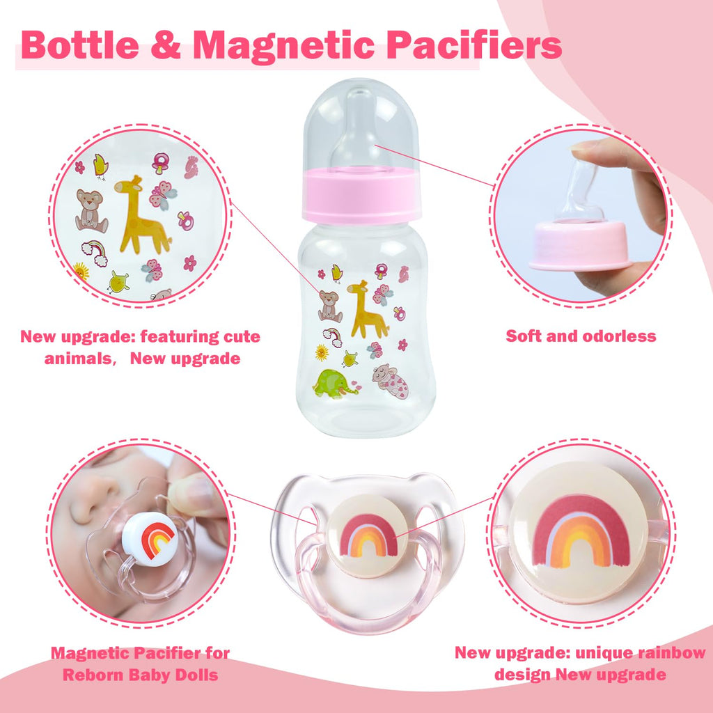 SCOM 3-Piece Reborn Baby Doll Accessories Set - Pink Magnetic Pacifier, Bottle & Silicone Clip for 14-22 Inch Dolls