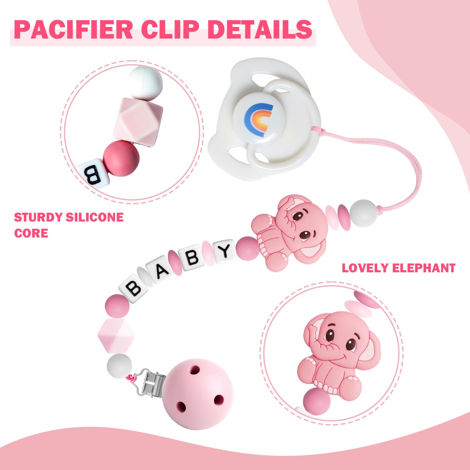 SCOM Reborn Doll Accessories Set – Rainbow Magnetic Pacifier, Baby Bottle & Silicone Clip for 14-22 Inch Dolls, Pink Style, 3 Pieces