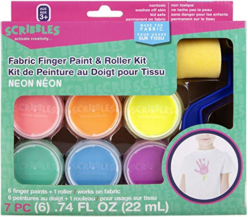 Scribbles Neon Finger Paint & Roller Kit – 6 Permanent Fabric Paints, Washes Off Skin, Non-Toxic