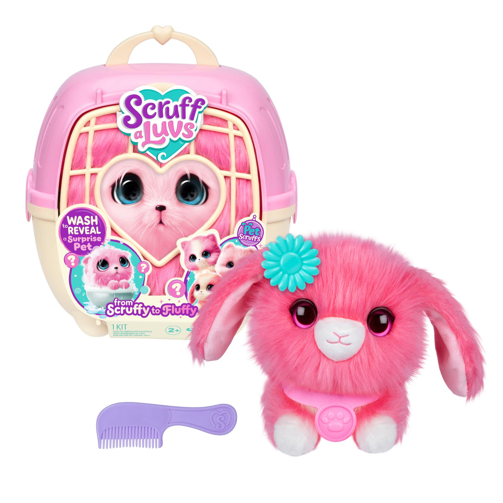 ScruffaLuvs Pink Surprise Pet – Wash to Reveal Mystery Plush Toy with Carrier