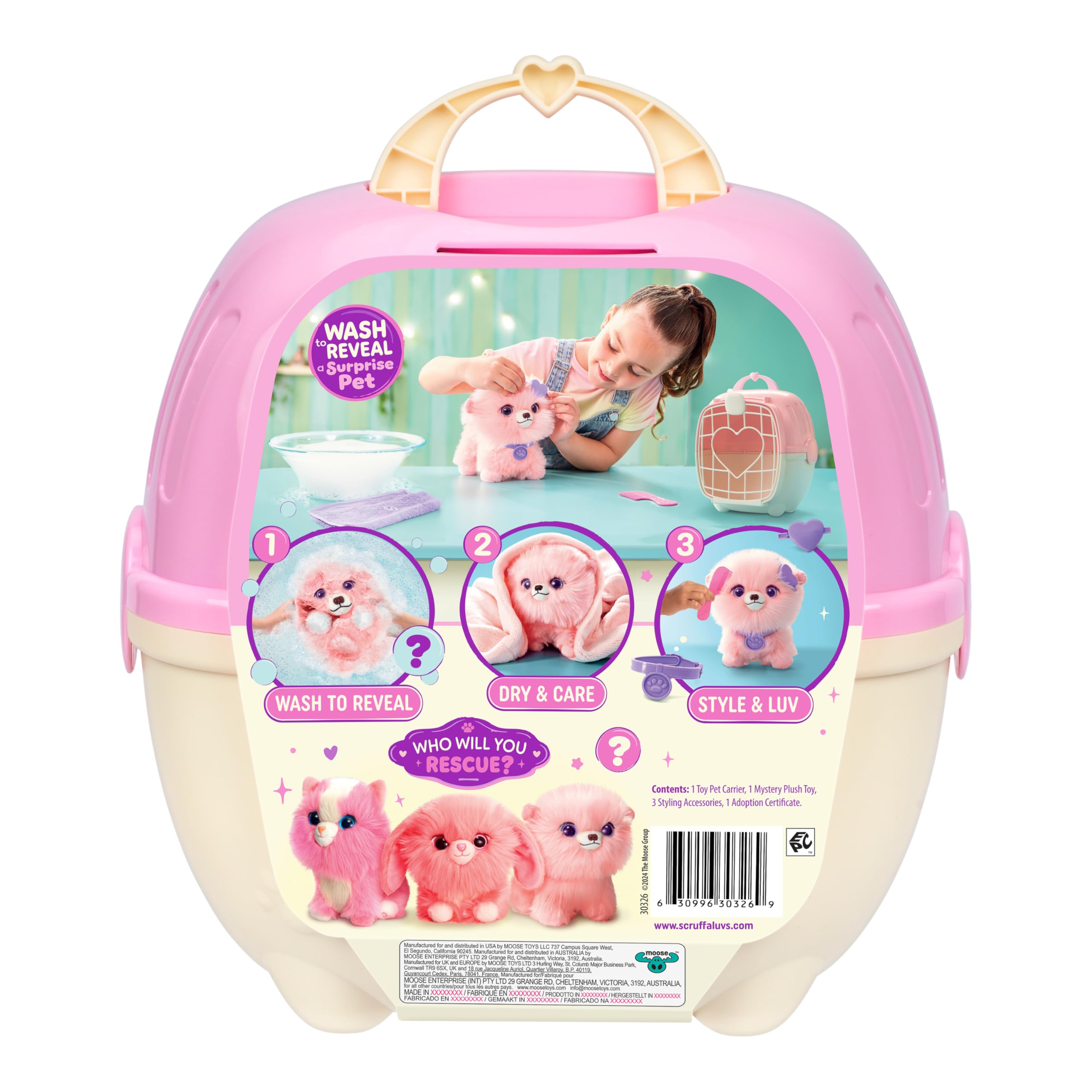 ScruffaLuvs Pink Surprise Pet – Wash to Reveal Mystery Plush Toy with Carrier