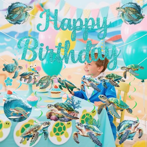 Sea Turtle Birthday Banner with Garland and Swirls – Ocean Themed Party Decorations Set by Yavxzvbw