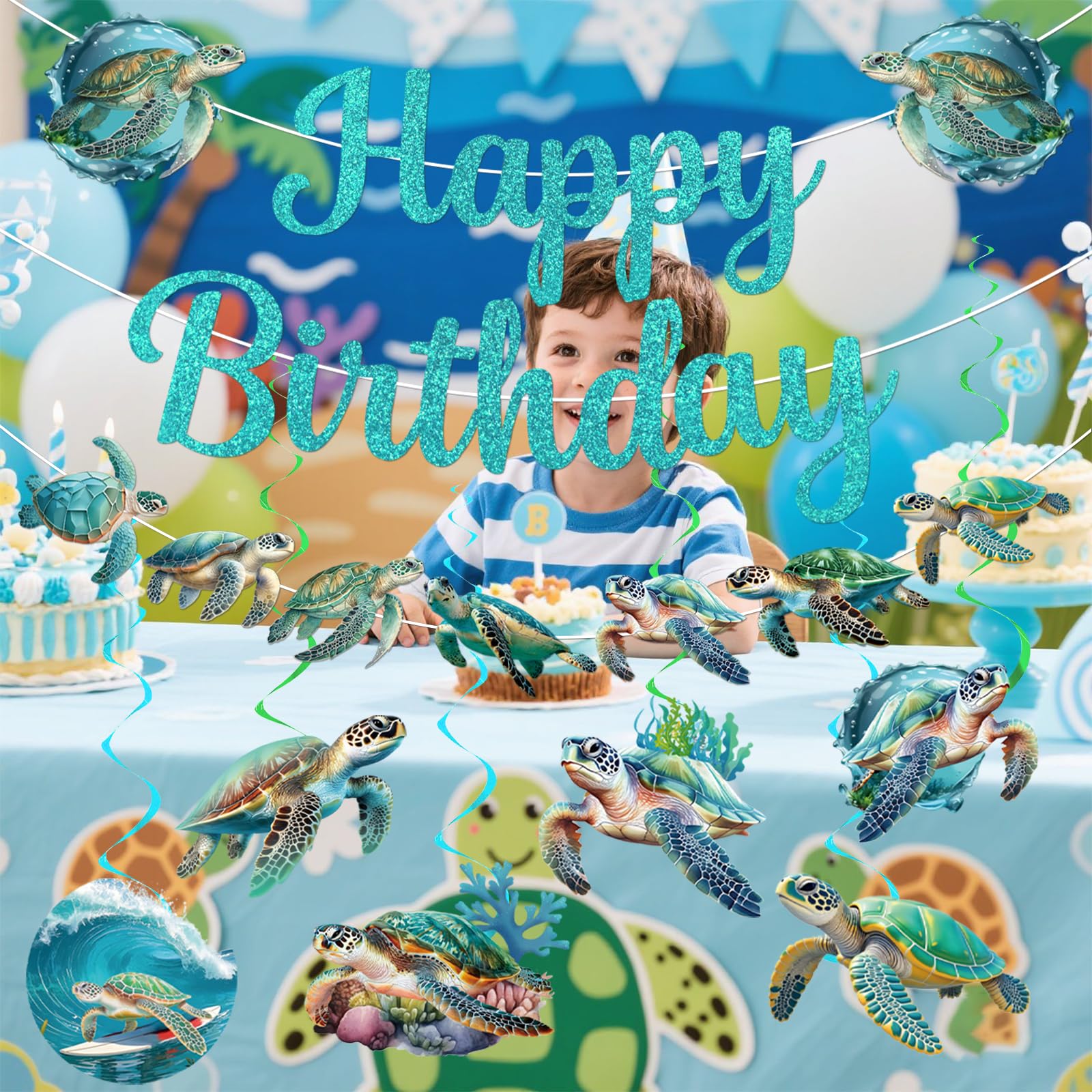 Sea Turtle Birthday Banner with Garland and Swirls – Ocean Themed Party Decorations Set by Yavxzvbw