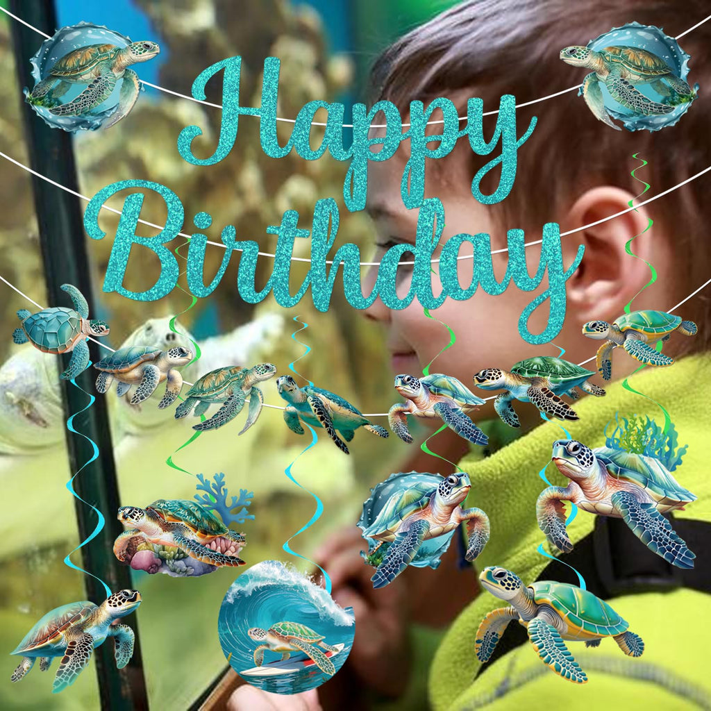 Sea Turtle Birthday Banner with Garland and Swirls – Ocean Themed Party Decorations Set by Yavxzvbw