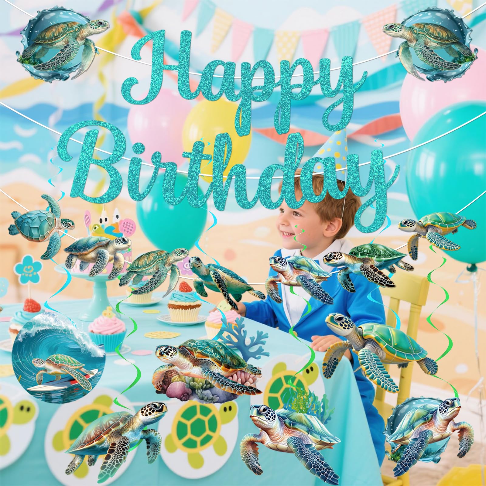 Sea Turtle Birthday Banner with Garland and Swirls – Ocean Themed Party Decorations Set by Yavxzvbw