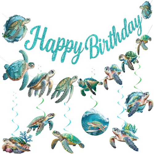Sea Turtle Birthday Banner with Garland and Swirls – Ocean Themed Party Decorations Set by Yavxzvbw