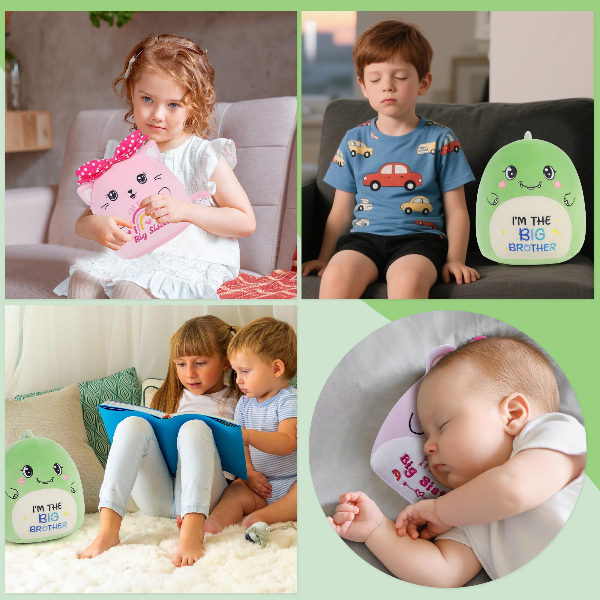 SEAOPOP Big Brother Dinosaur Plush – 8-Inch Green Oval Stuffed Toy for New Sibling Gift