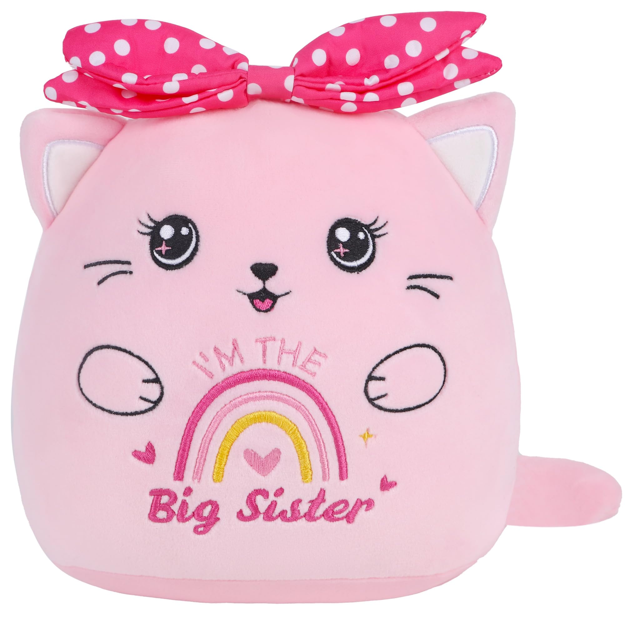 SEAOPOP Big Sister Plush Cat – 8-Inch Pink Stuffed Animal with Rainbow Heart and Bow, Gift for New Sibling Announcement