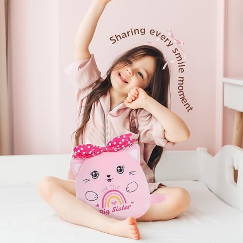 SEAOPOP Big Sister Plush Cat – 8-Inch Pink Stuffed Animal with Rainbow Heart and Bow, Gift for New Sibling Announcement