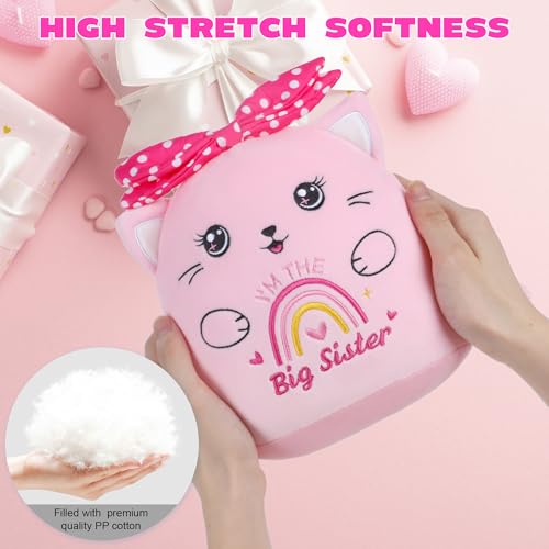SEAOPOP Big Sister Plush Cat – 8-Inch Pink Stuffed Animal with Rainbow Heart and Bow, Gift for New Sibling Announcement