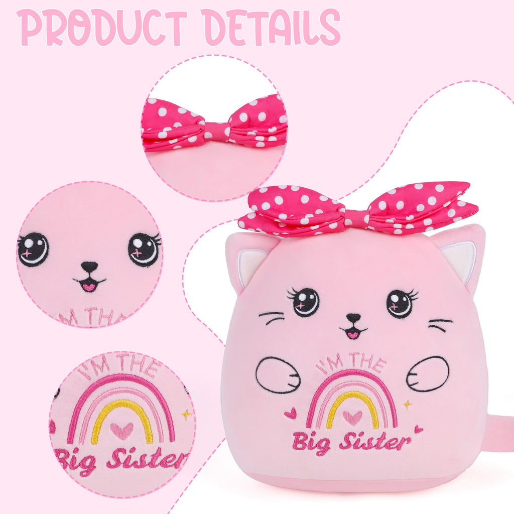 SEAOPOP Big Sister Plush Cat – 8-Inch Pink Stuffed Animal with Rainbow Heart and Bow, Gift for New Sibling Announcement
