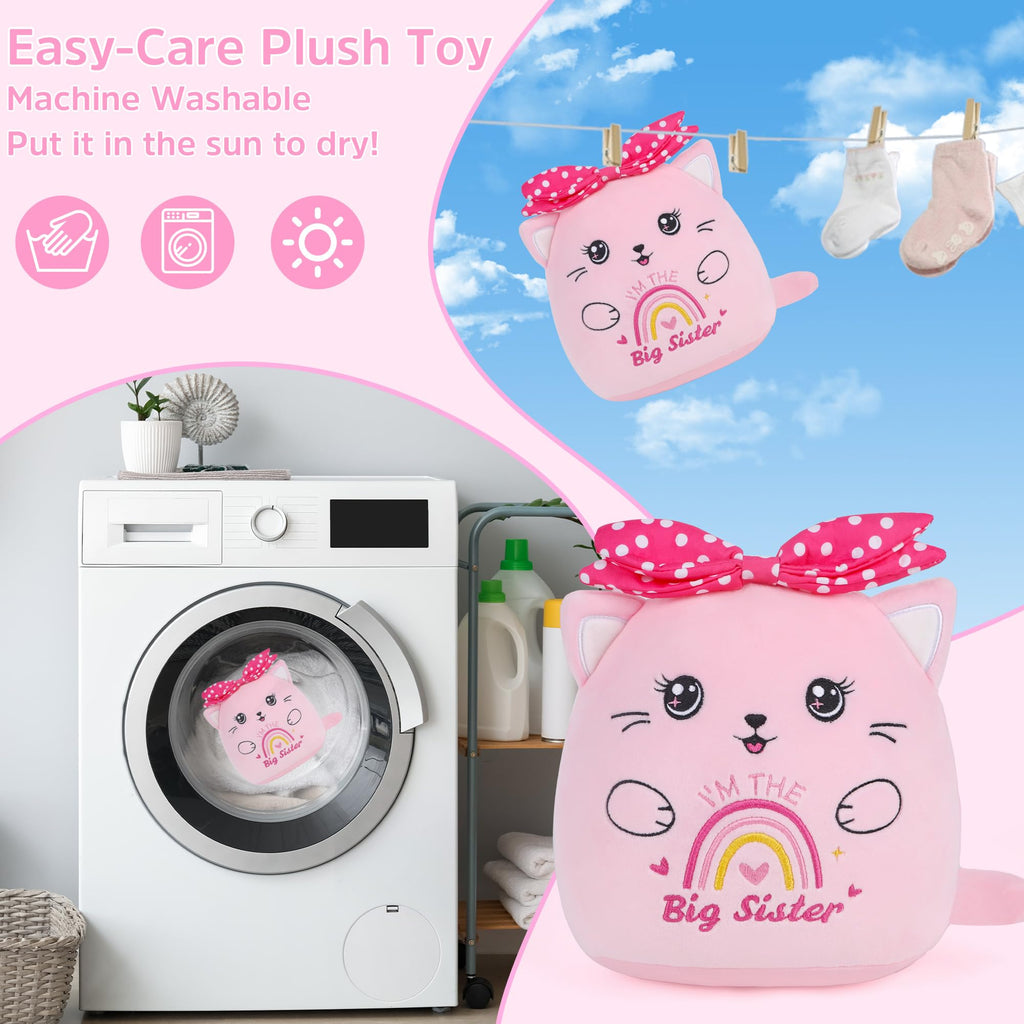SEAOPOP Big Sister Plush Cat – 8-Inch Pink Stuffed Animal with Rainbow Heart and Bow, Gift for New Sibling Announcement